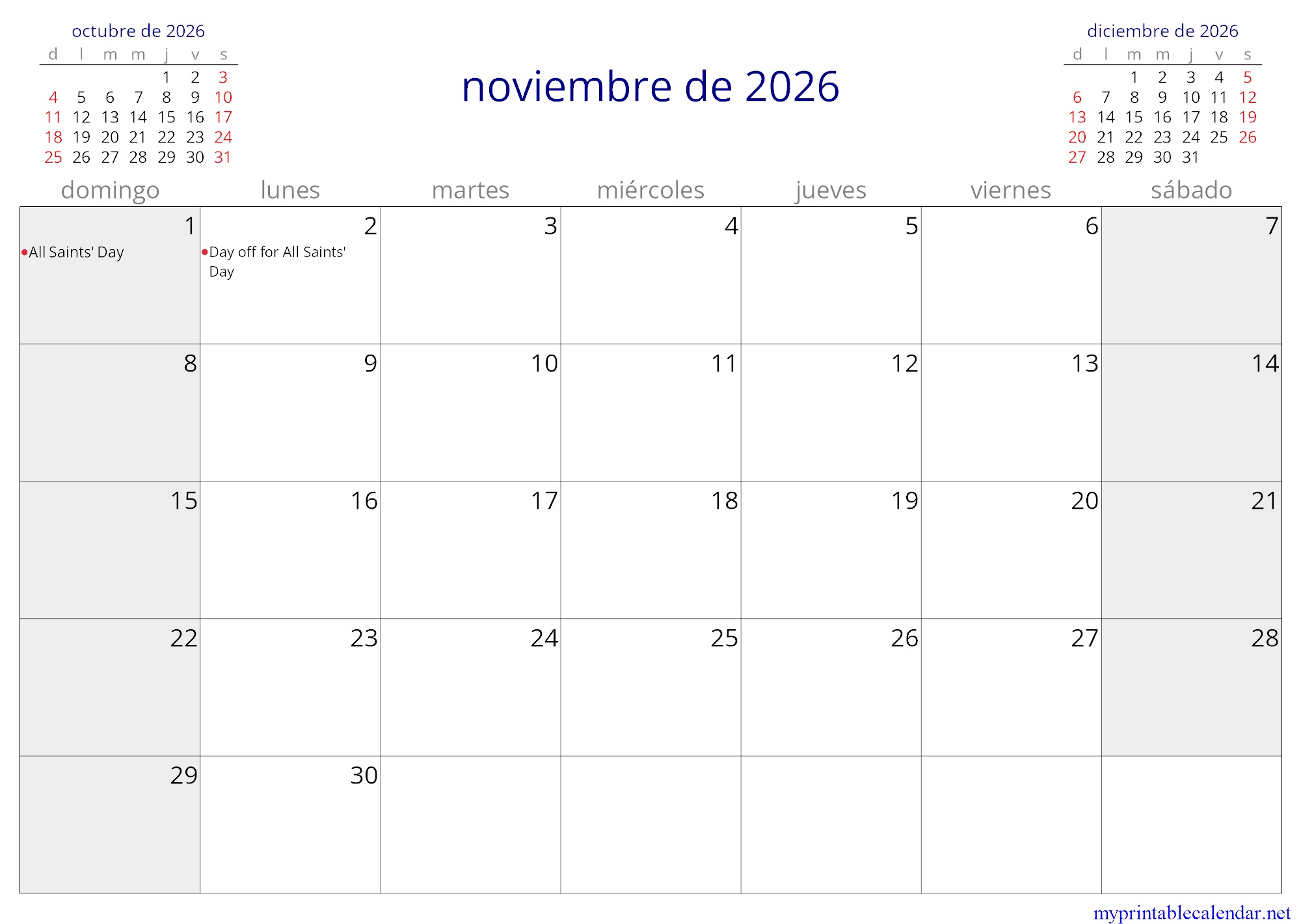 noviembre de 2026 monthly calendar, Seychelles, Spanish jpg
