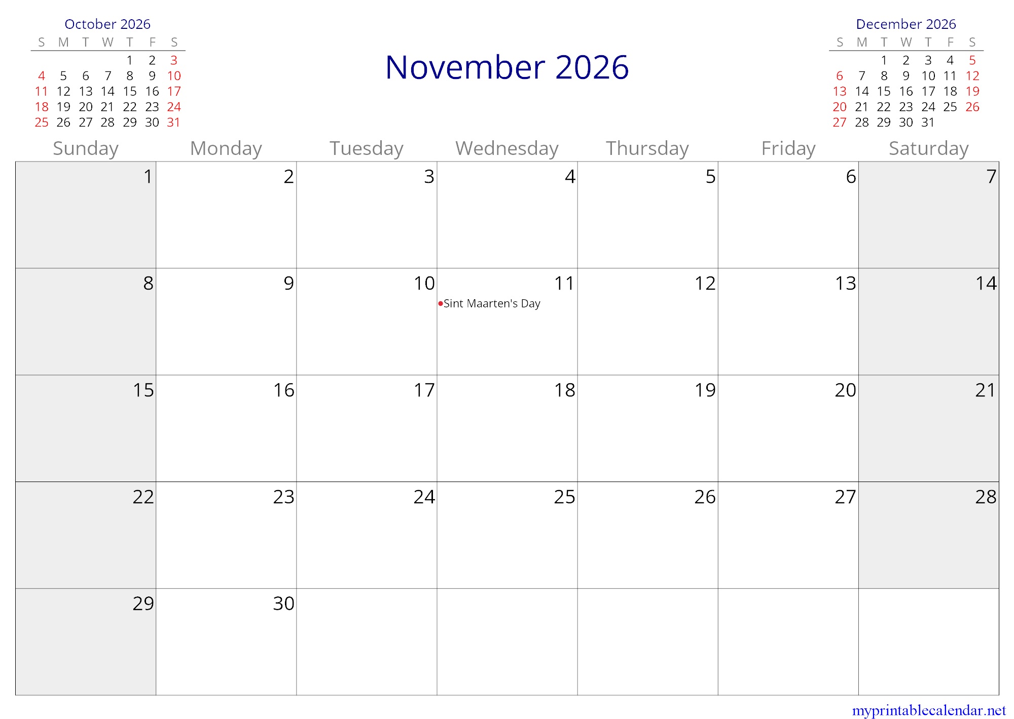 November 2026 monthly calendar, Sint Maarten, English jpg