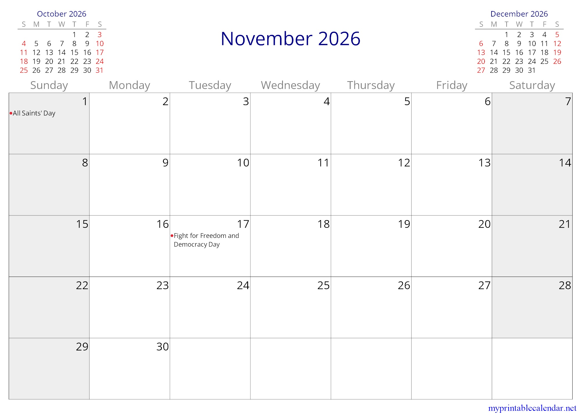 November 2026 monthly calendar, Slovakia, in English jpg