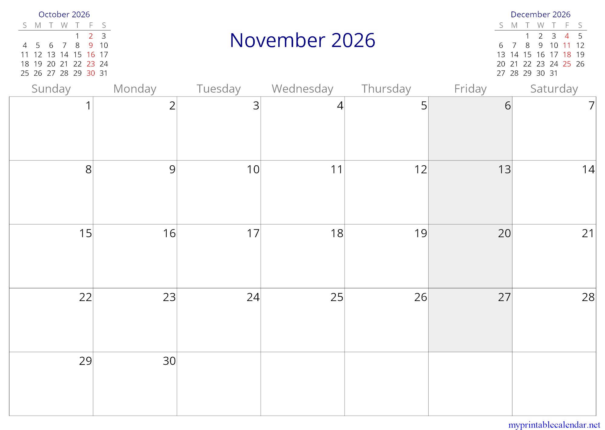 November 2026 monthly calendar, Somalia, in English jpg