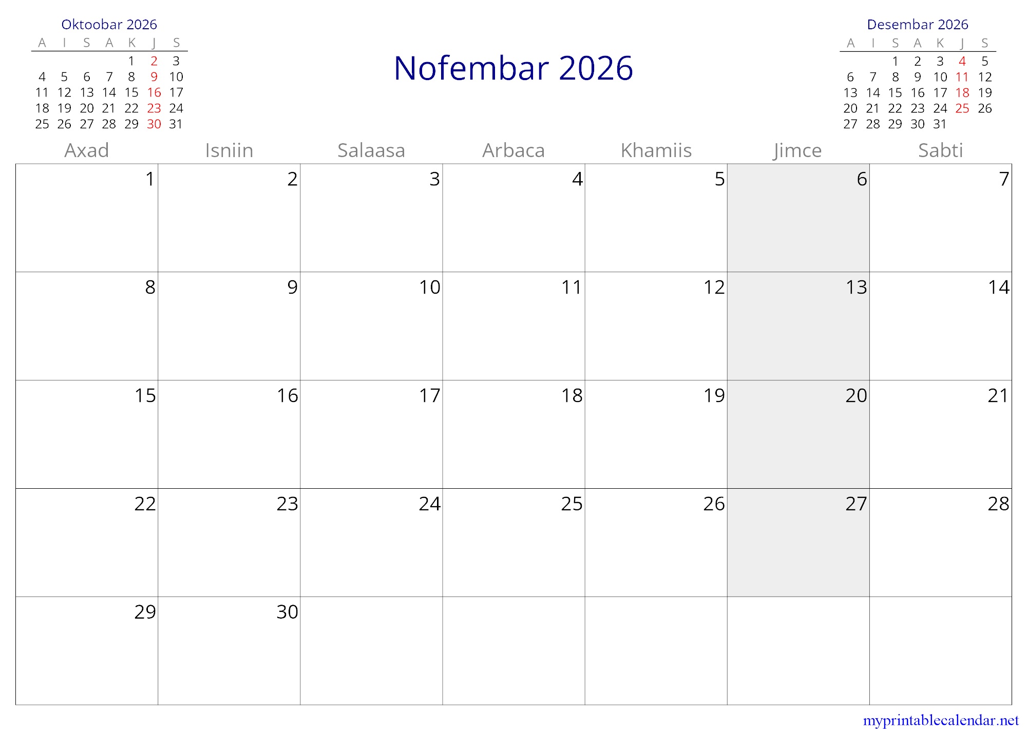 Nofembar 2026 monthly calendar, Somalia, Somali jpg