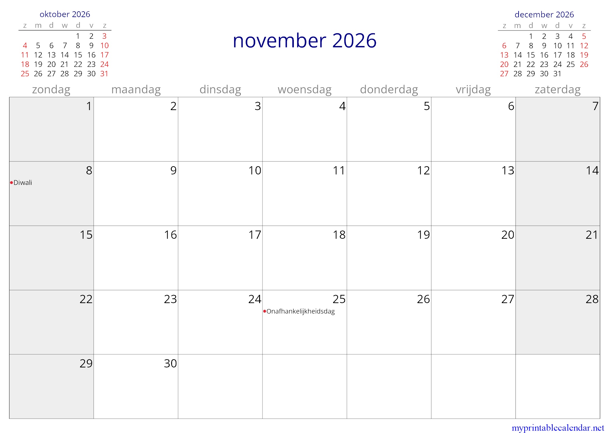 november 2026 monthly calendar, Suriname, Dutch jpg