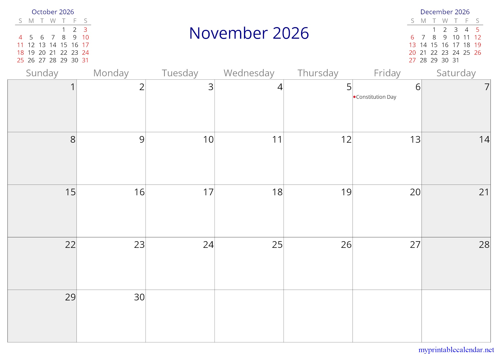 November 2026 monthly calendar, Tajikistan, in English jpg