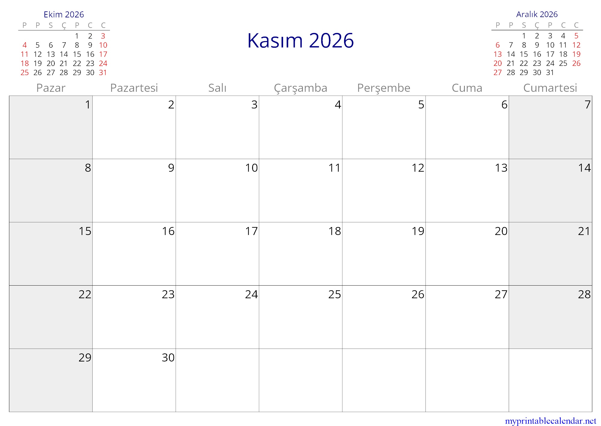 Kasım 2026 monthly calendar, Turkey, Turkish jpg