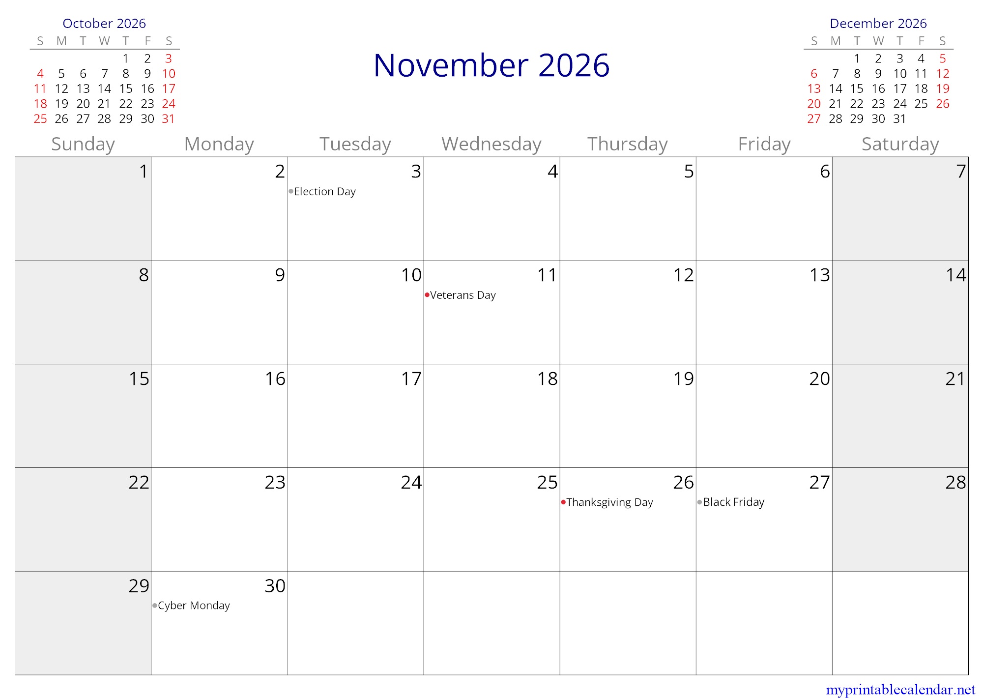 November 2026 monthly calendar, United States, English (US, CA) jpg
