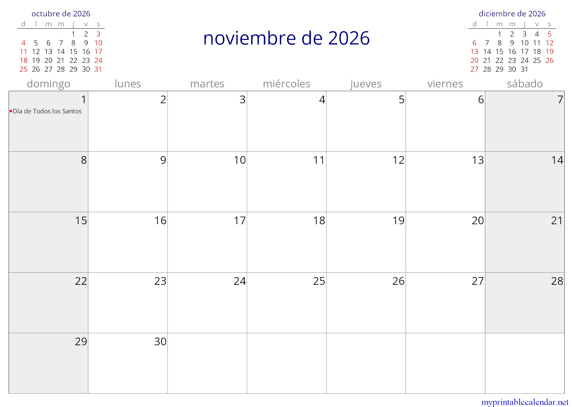 noviembre de 2026 monthly calendar, Venezuela, Spanish jpg