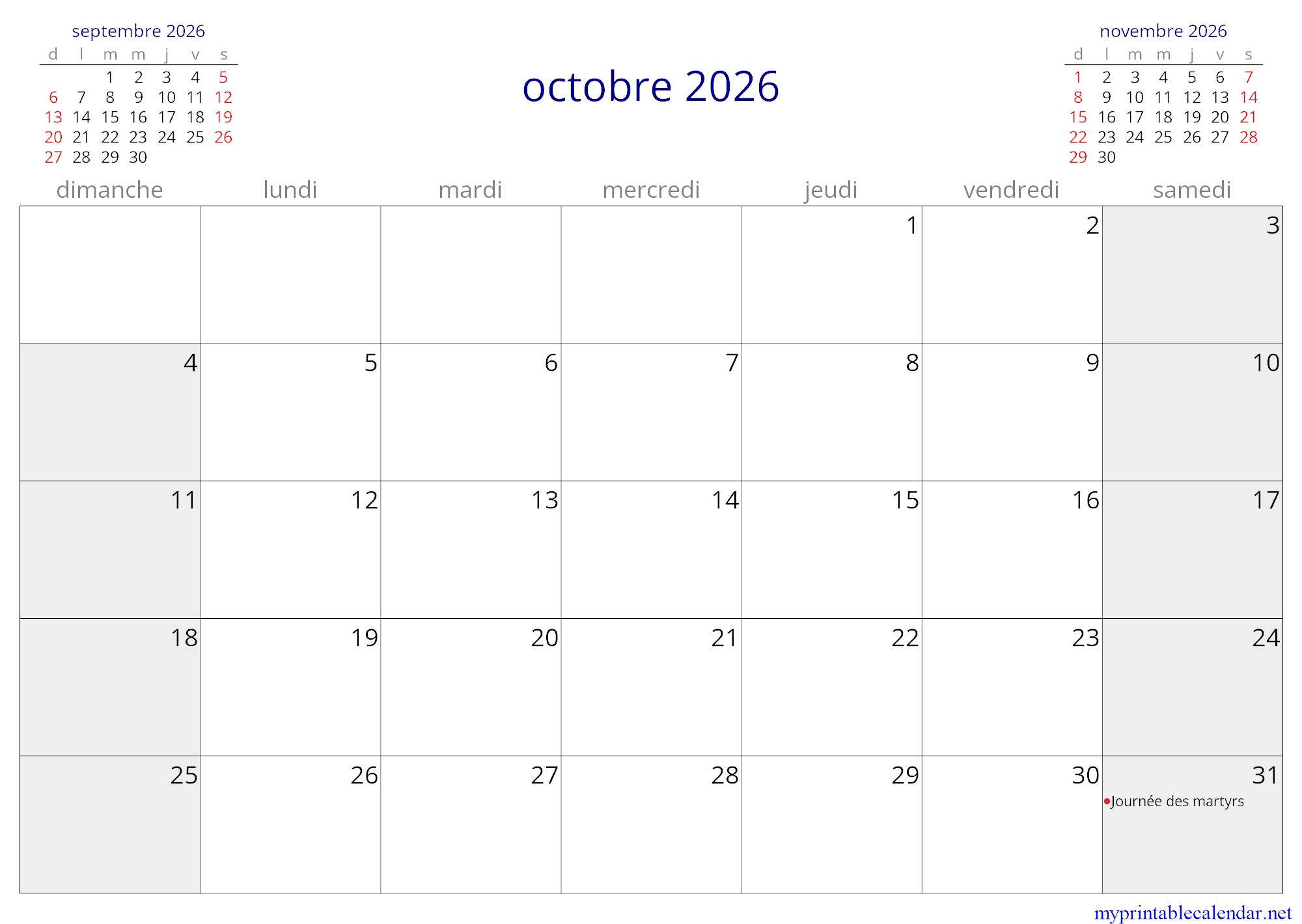octobre 2026 monthly calendar, Burkina Faso, French jpg