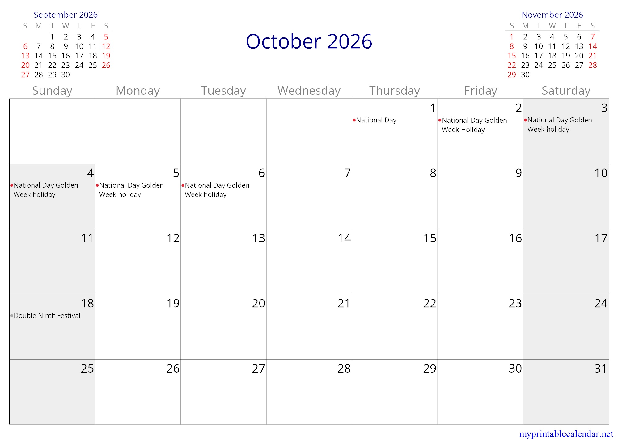 October 2026 monthly calendar, China, English jpg