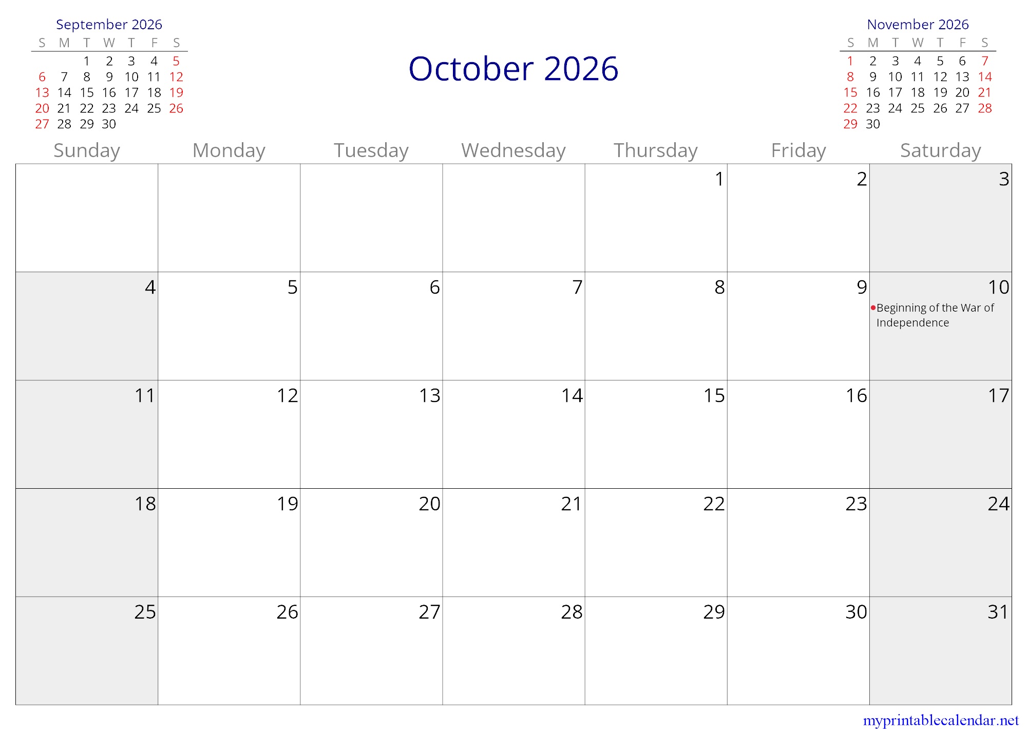 October 2026 monthly calendar, Cuba, in English jpg