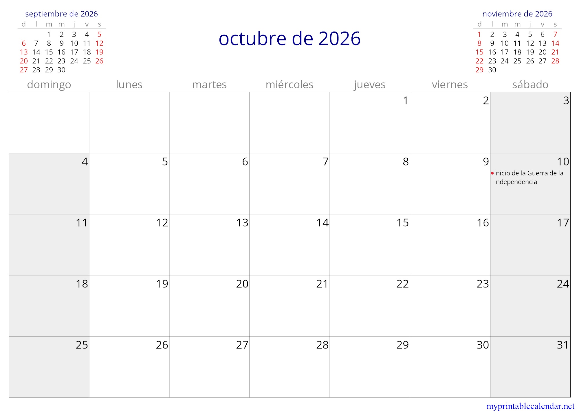 octubre de 2026 monthly calendar, Cuba, Spanish jpg