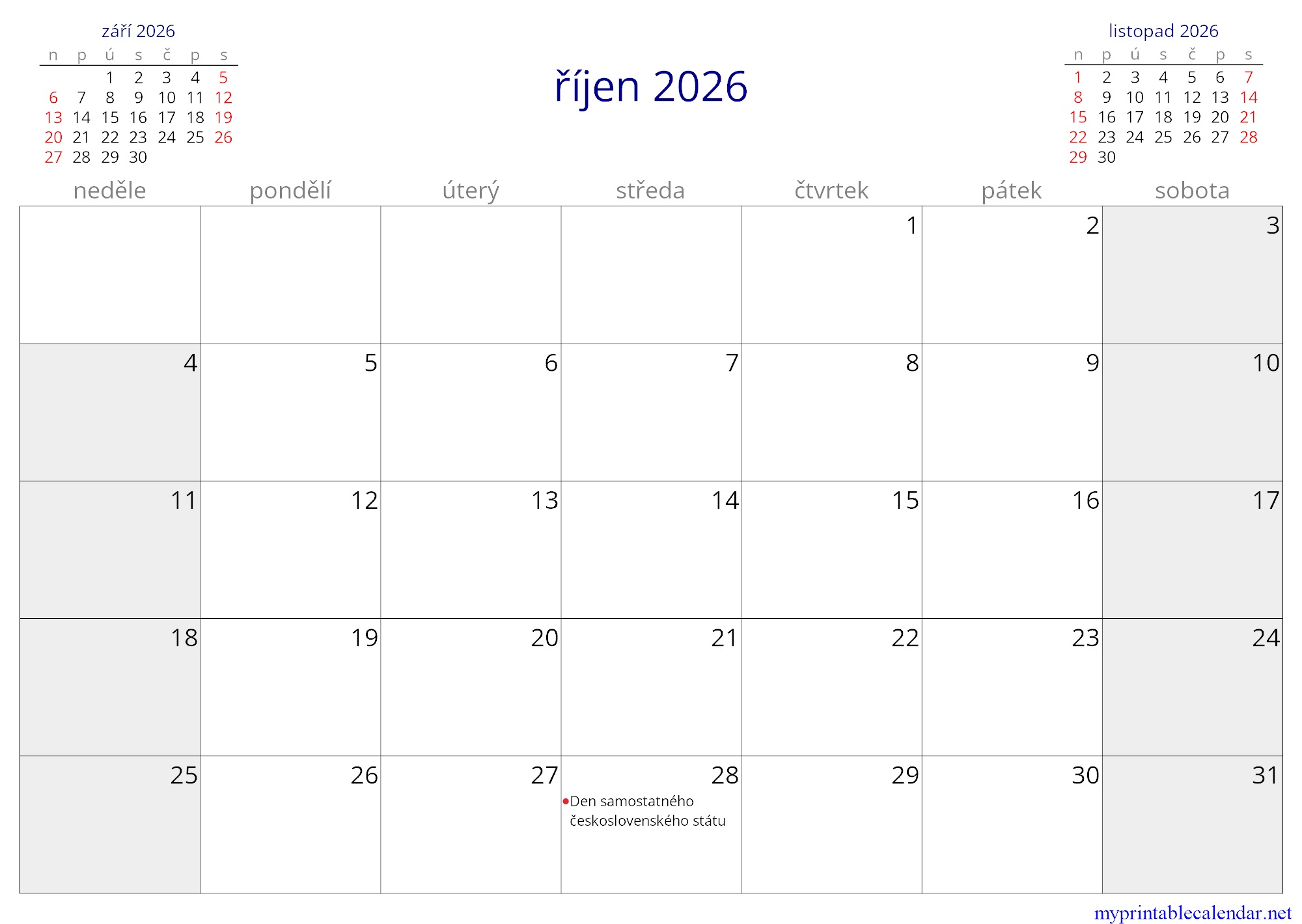 říjen 2026 monthly calendar, Czechia, Czech jpg