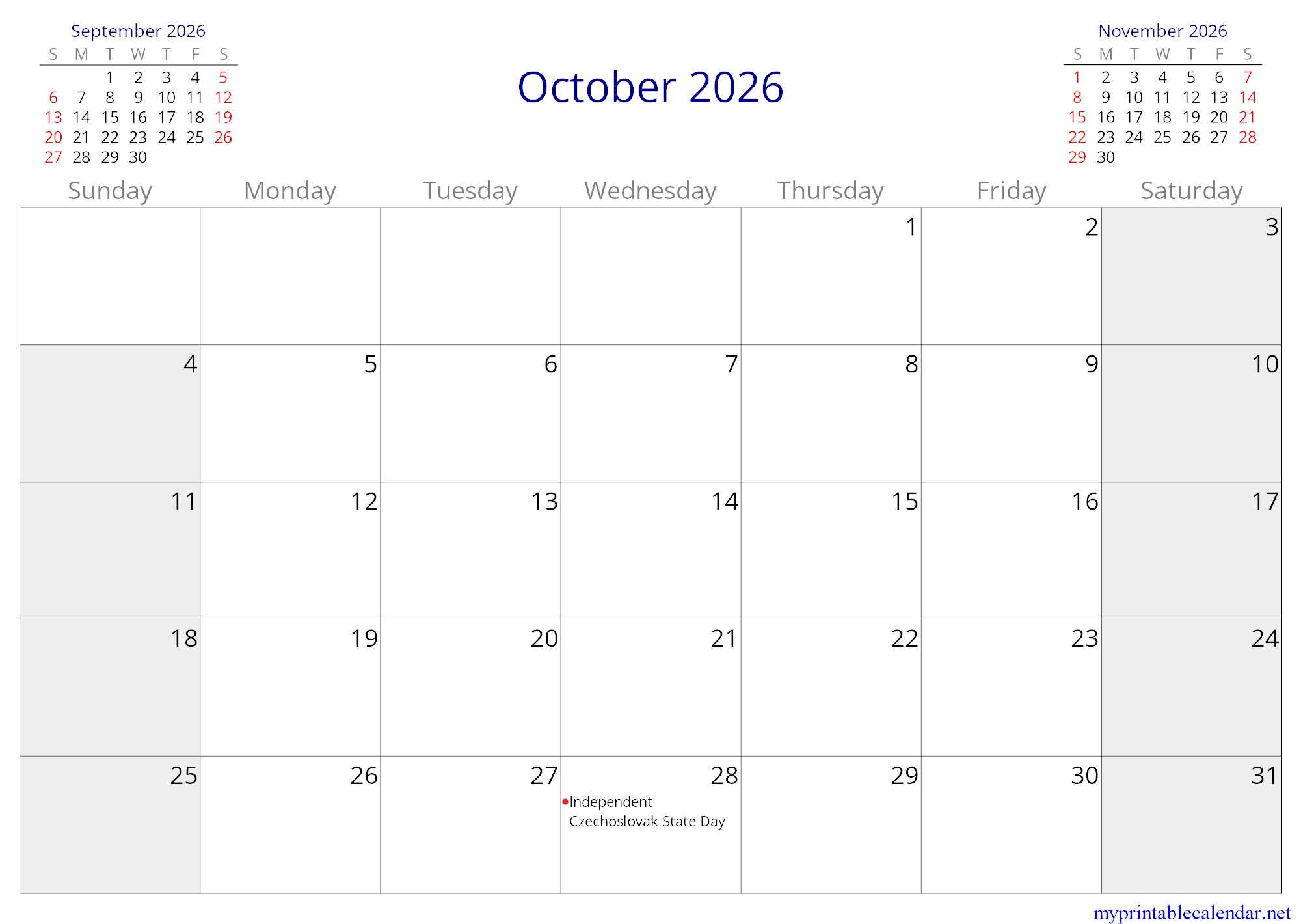October 2026 monthly calendar, Czechia, in English jpg