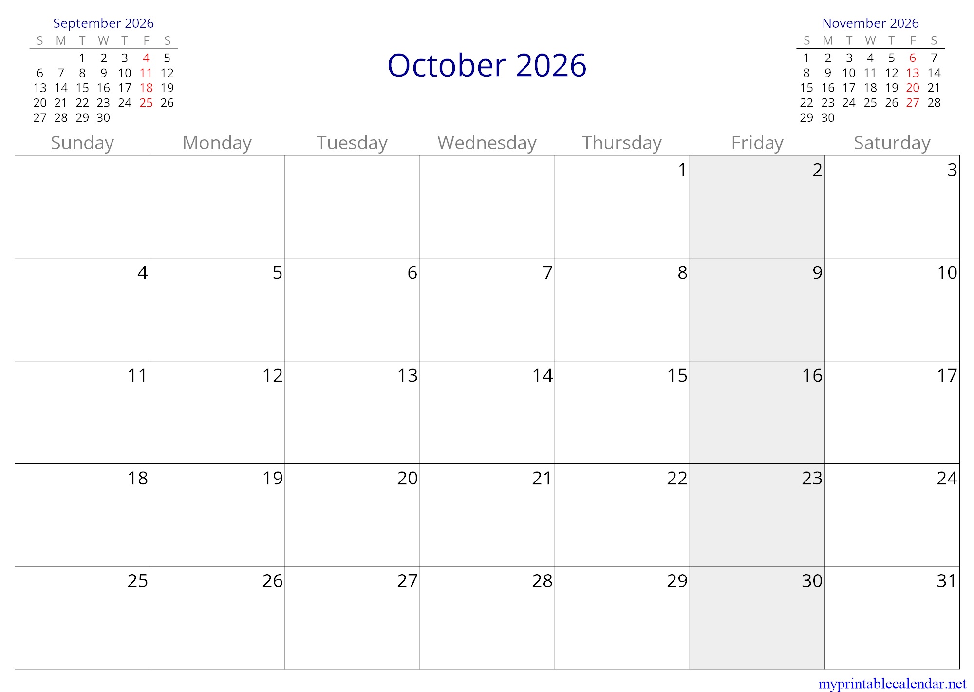 October 2026 monthly calendar, Djibouti, English jpg