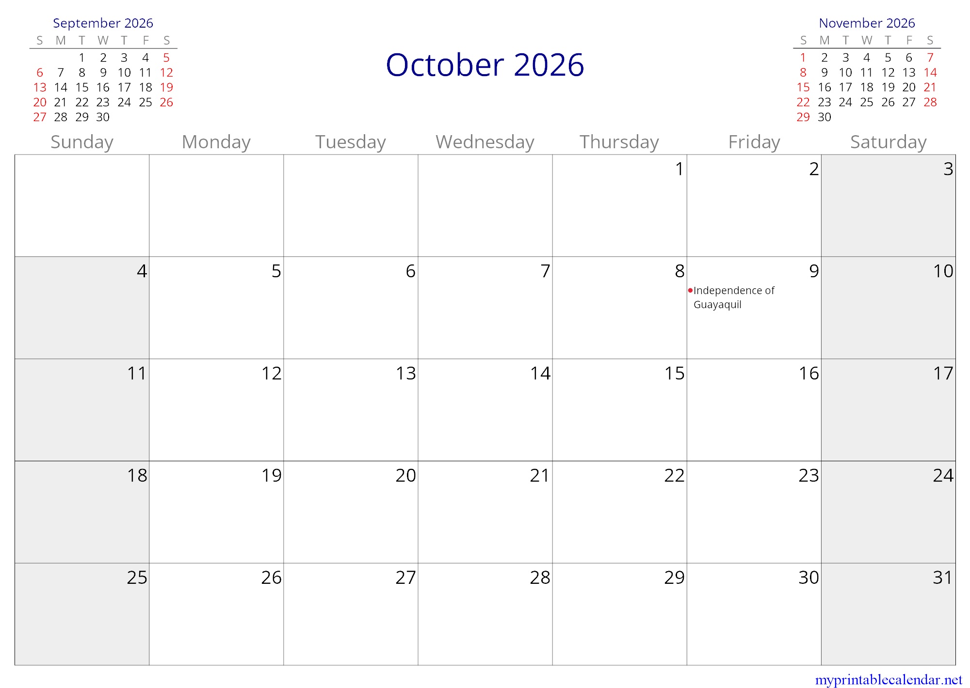 October 2026 monthly calendar, Ecuador, in English jpg