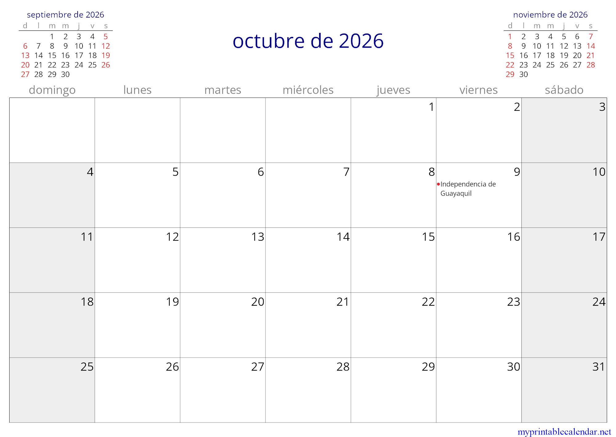 octubre de 2026 monthly calendar, Ecuador, Spanish jpg