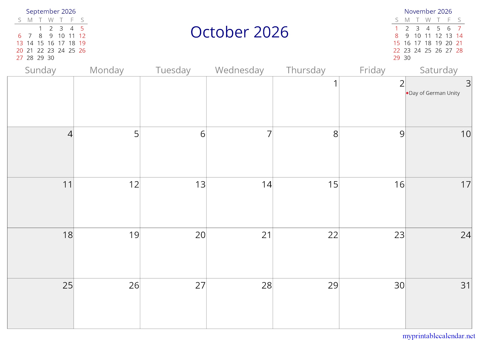 October 2026 monthly calendar, Germany, in English jpg