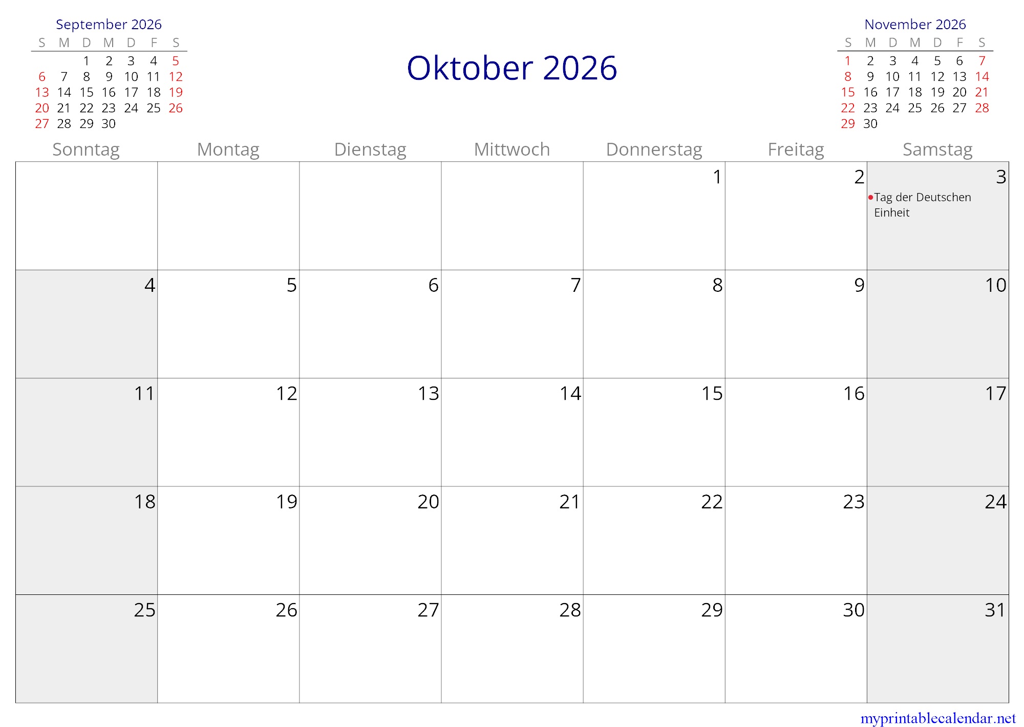 Oktober 2026 monthly calendar, Germany, German jpg