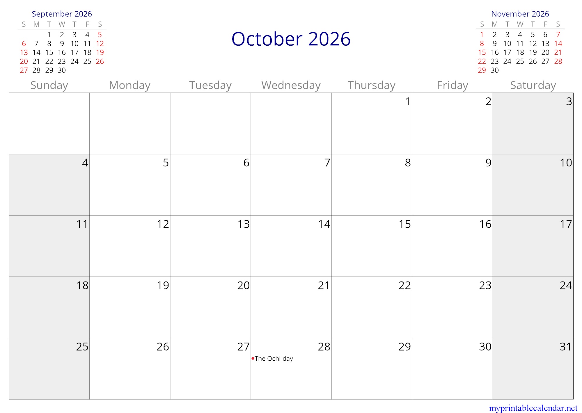 October 2026 monthly calendar, Greece, in English jpg