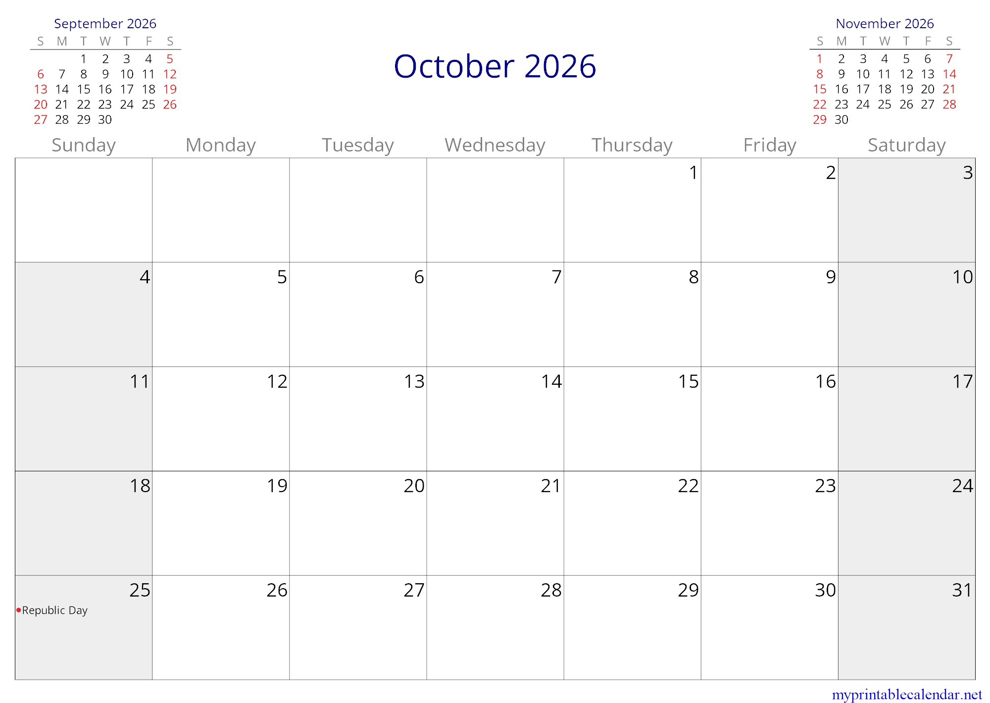 October 2026 monthly calendar, Kazakhstan, English jpg