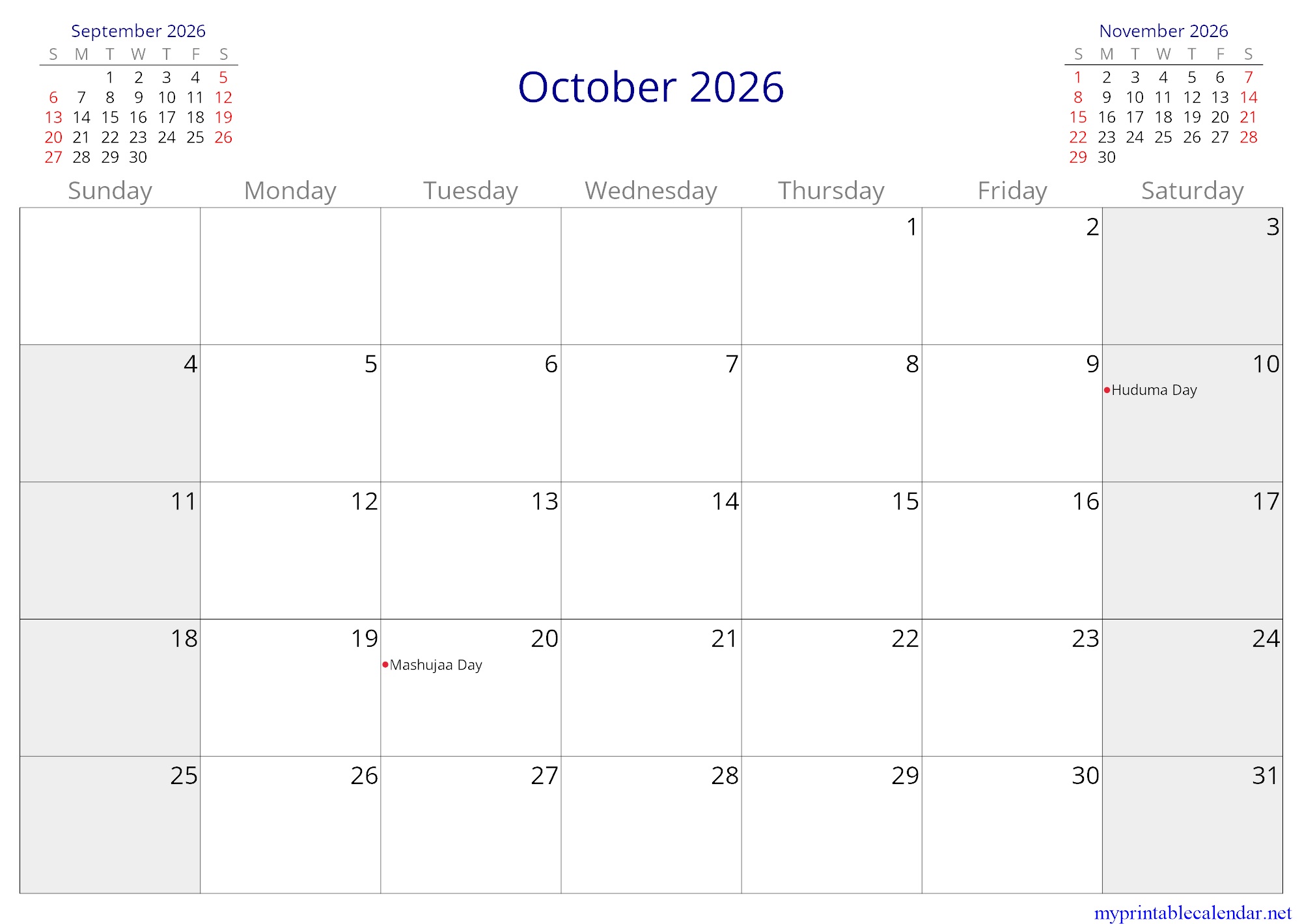 October 2026 monthly calendar, Kenya, English jpg