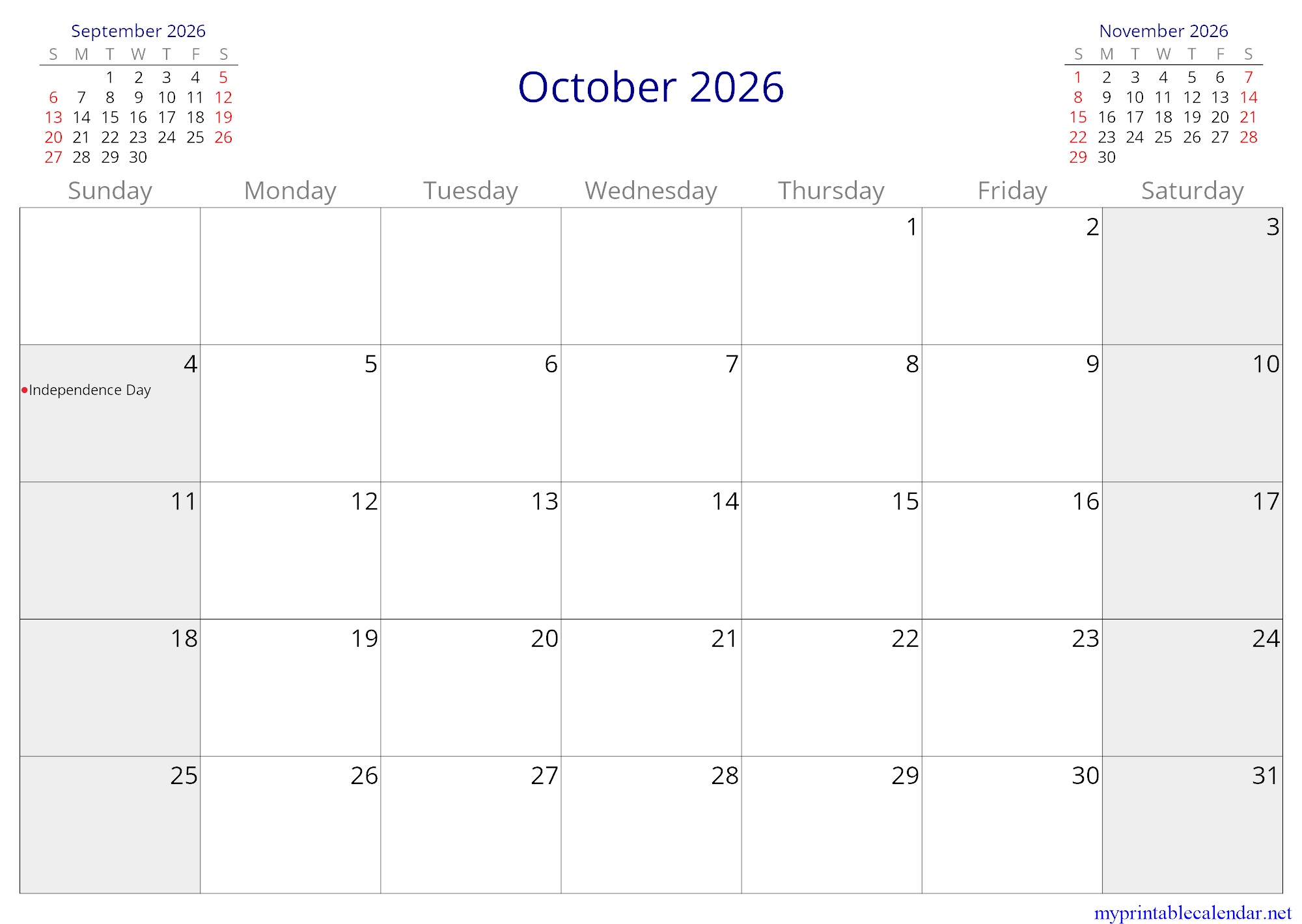 October 2026 monthly calendar, Lesotho, English jpg