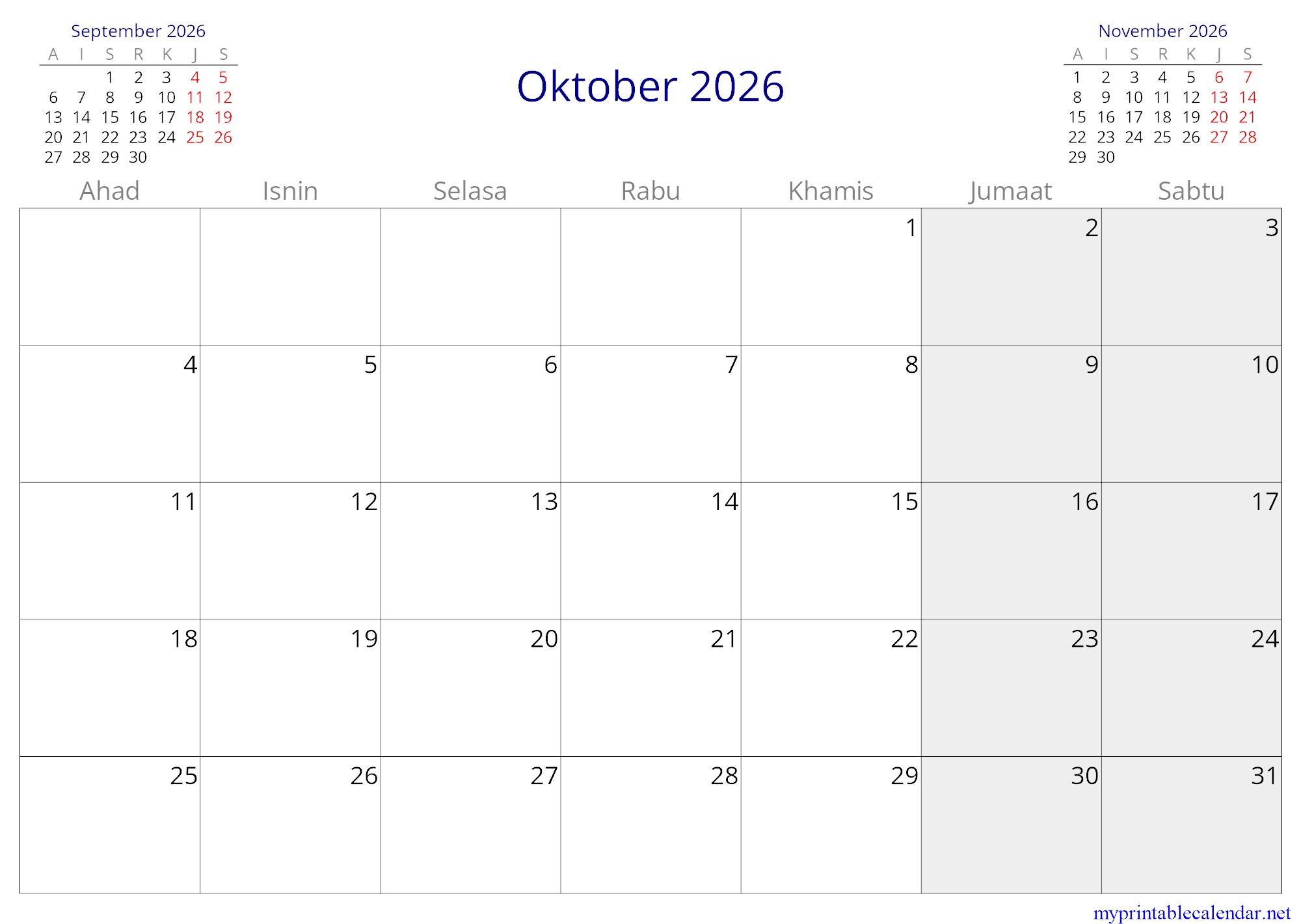 Oktober 2026 monthly calendar, Malaysia, Malay jpg