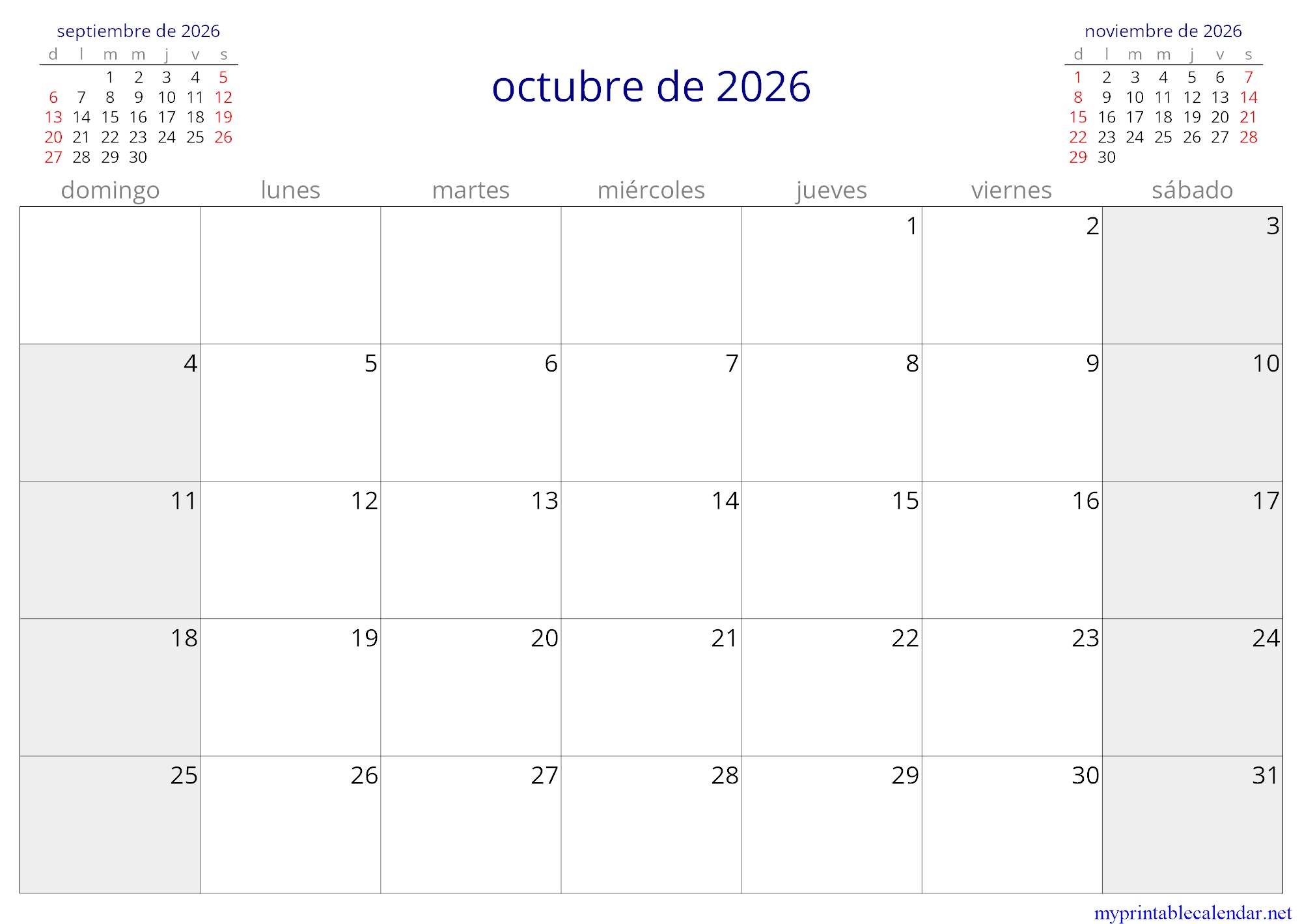 octubre de 2026 monthly calendar, Montenegro, Spanish jpg