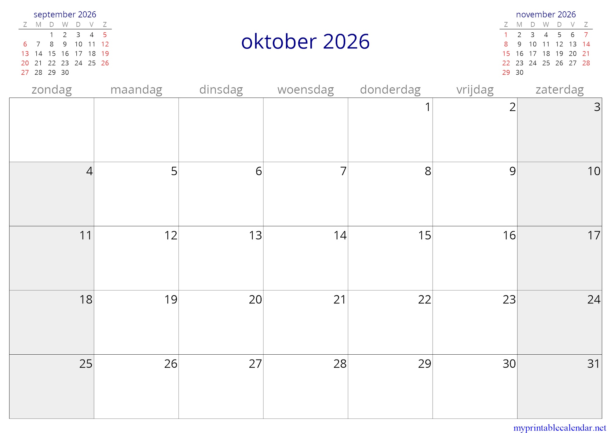 oktober 2026 monthly calendar, Netherlands, Dutch jpg