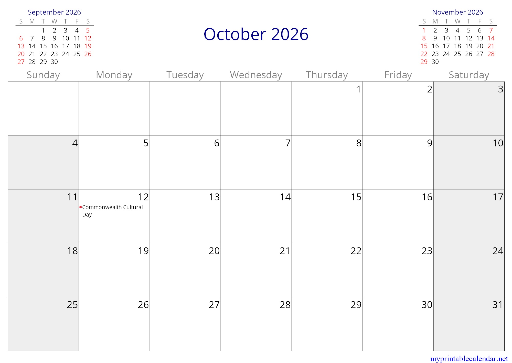 October 2026 monthly calendar, Northern Mariana Islands, English (US, CA) jpg