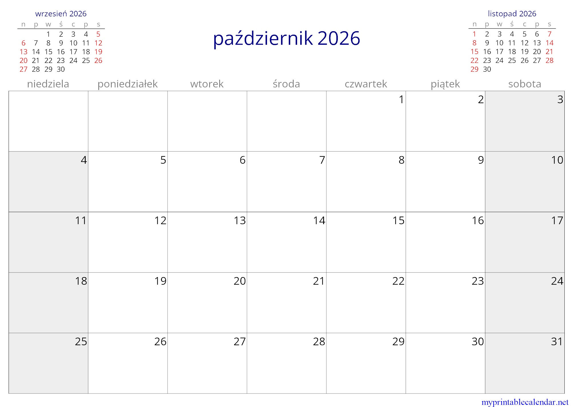październik 2026 monthly calendar, Poland, Polish jpg