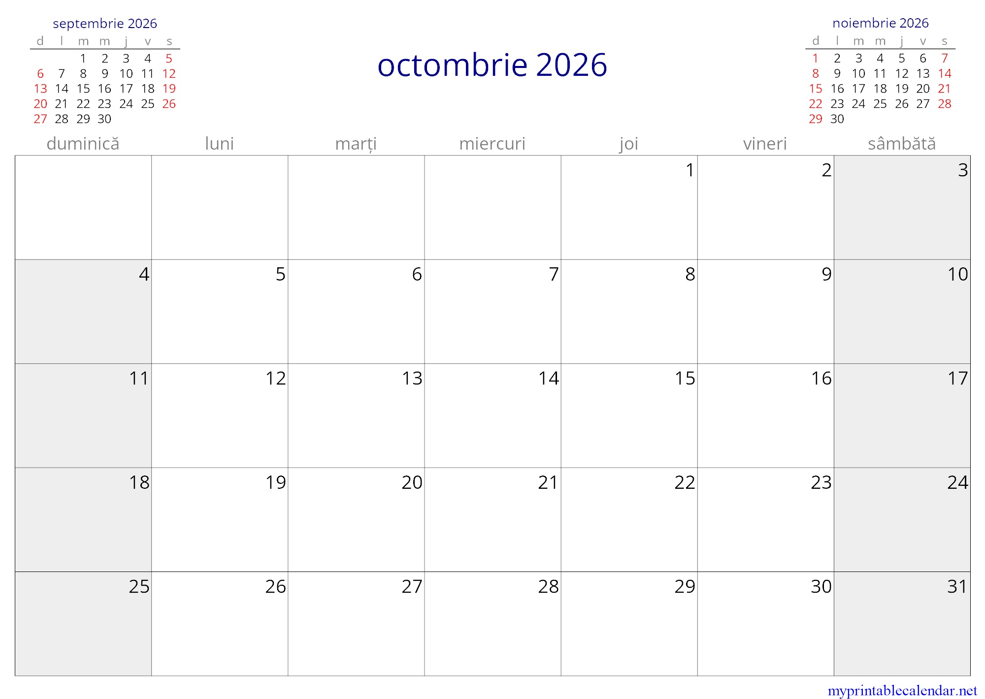 octombrie 2026 monthly calendar, Romania, Romanian jpg