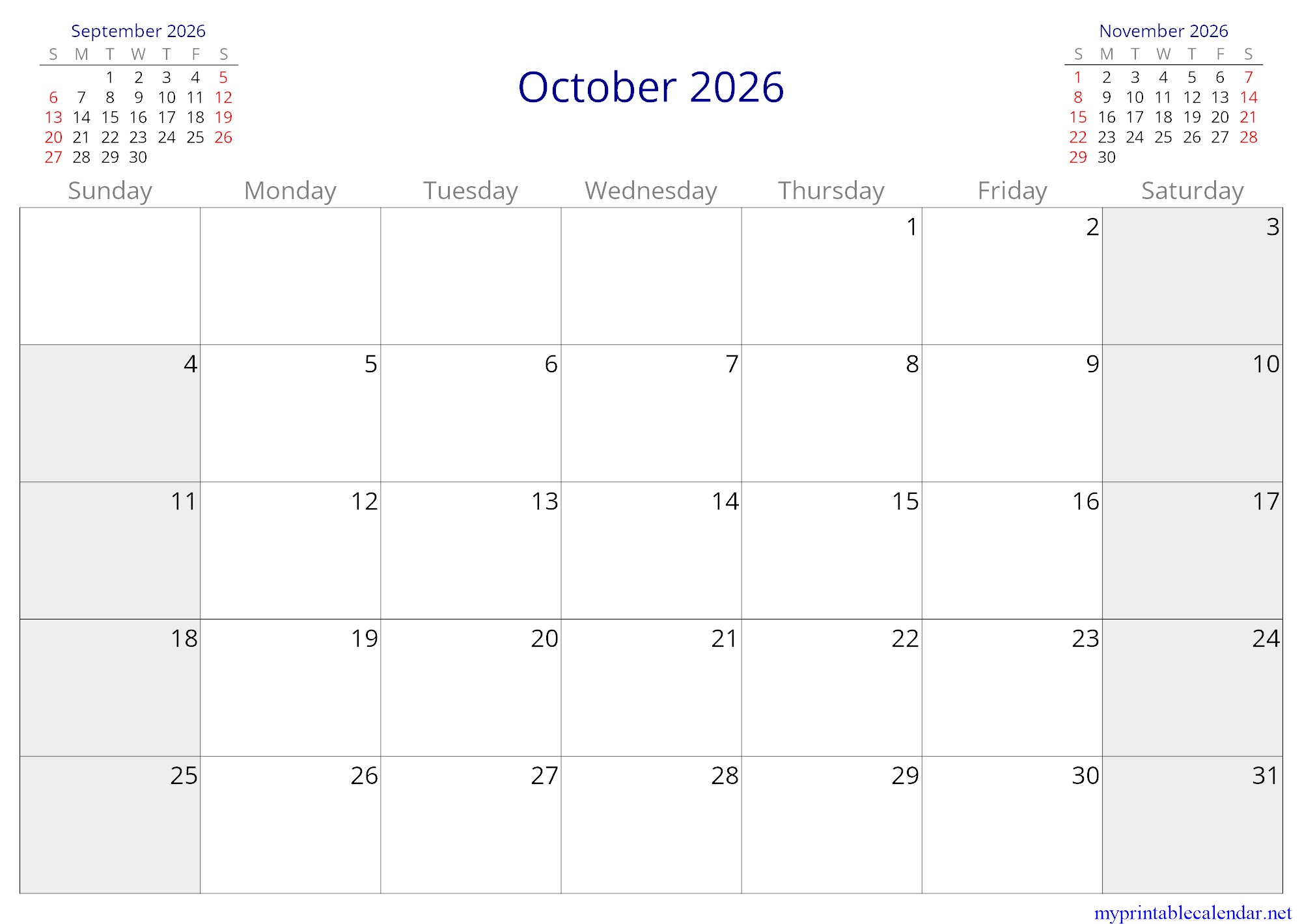 October 2026 monthly calendar, Saint Helena, Ascension and Tristan da Cunha, English jpg