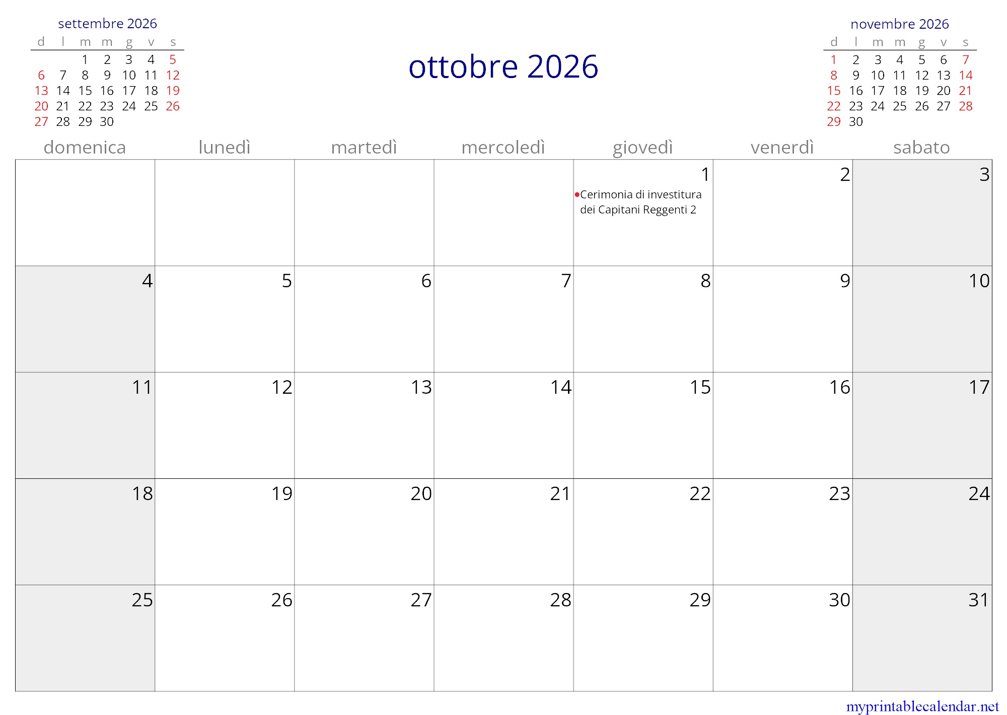 ottobre 2026 monthly calendar, San Marino, Italian jpg