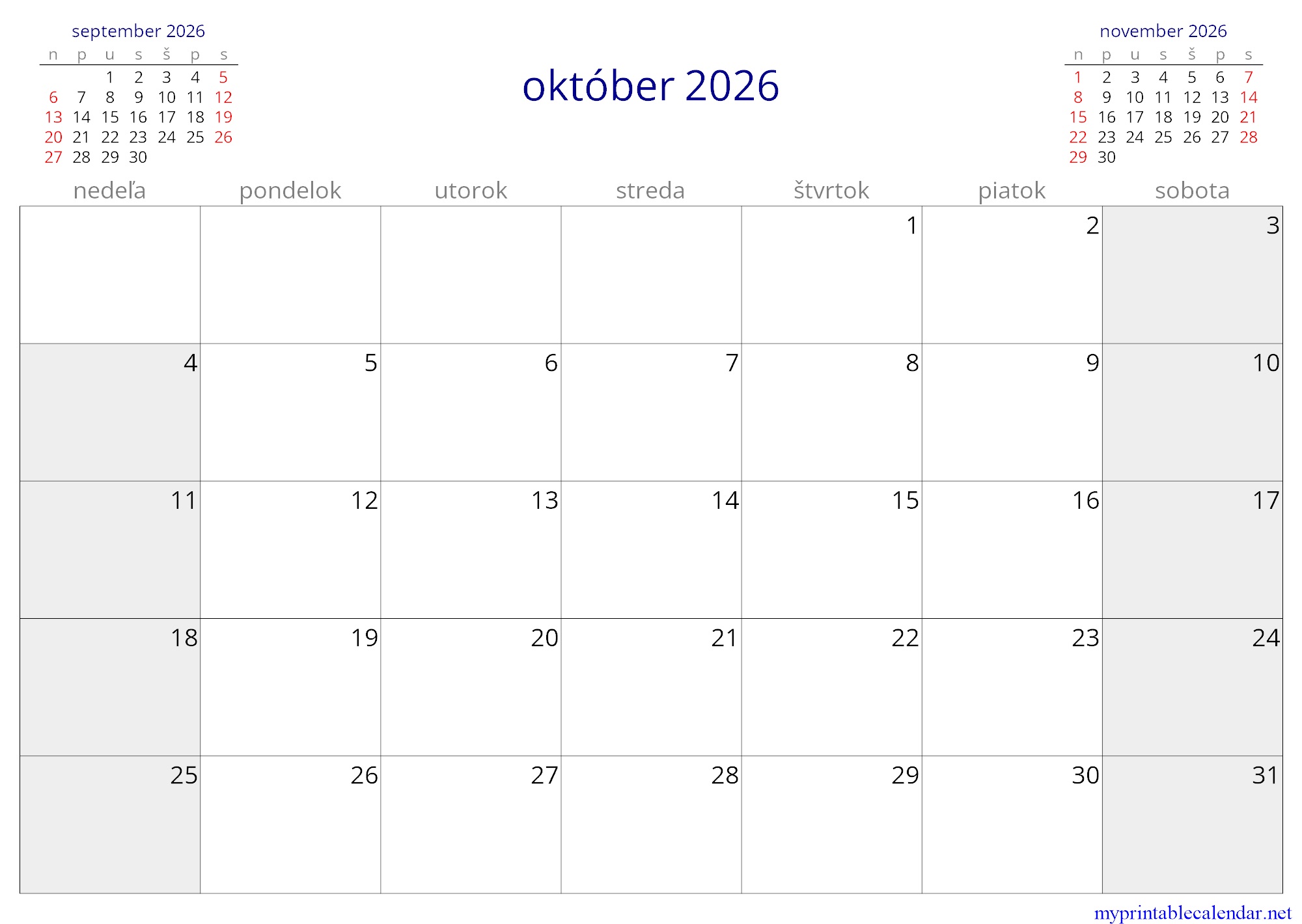 október 2026 monthly calendar, Slovakia, Slovak jpg