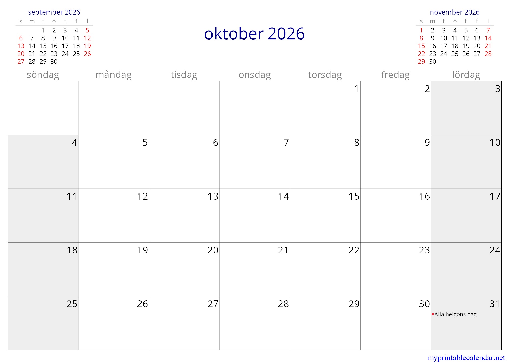 oktober 2026 monthly calendar, Sweden, Swedish jpg