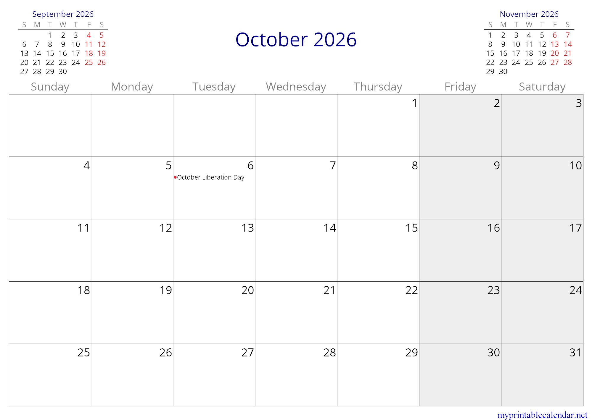 October 2026 monthly calendar, Syrian Arab Republic, in English jpg