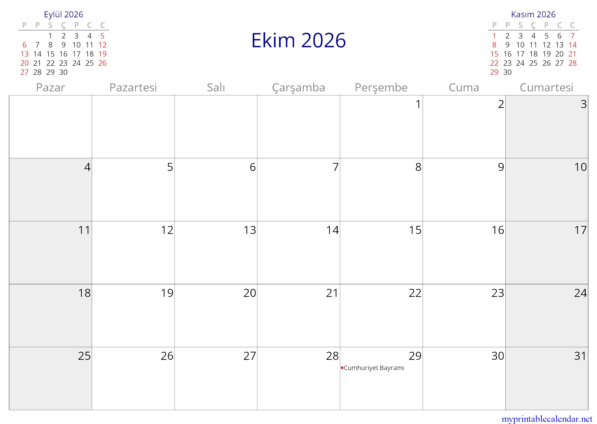 Ekim 2026 monthly calendar, Turkey, Turkish jpg