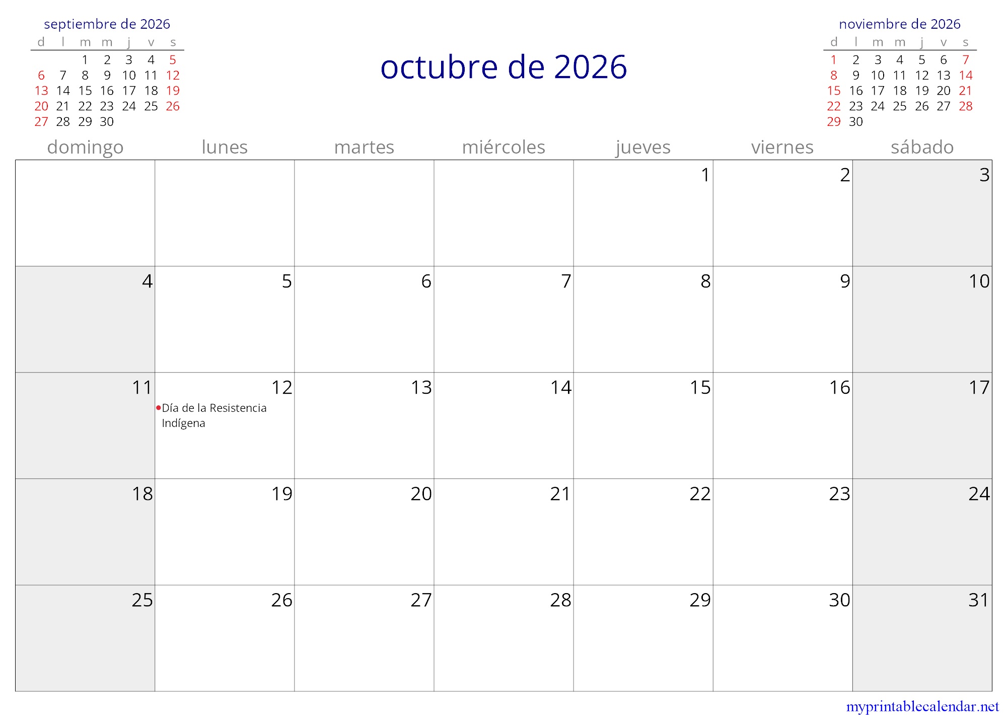 octubre de 2026 monthly calendar, Venezuela, Spanish jpg