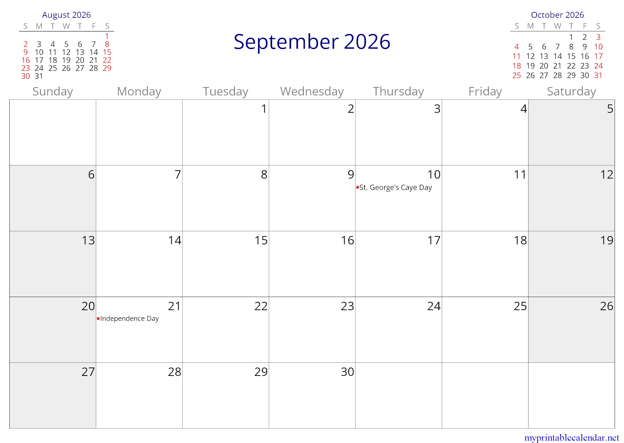 September 2026 monthly calendar, Belize, English jpg