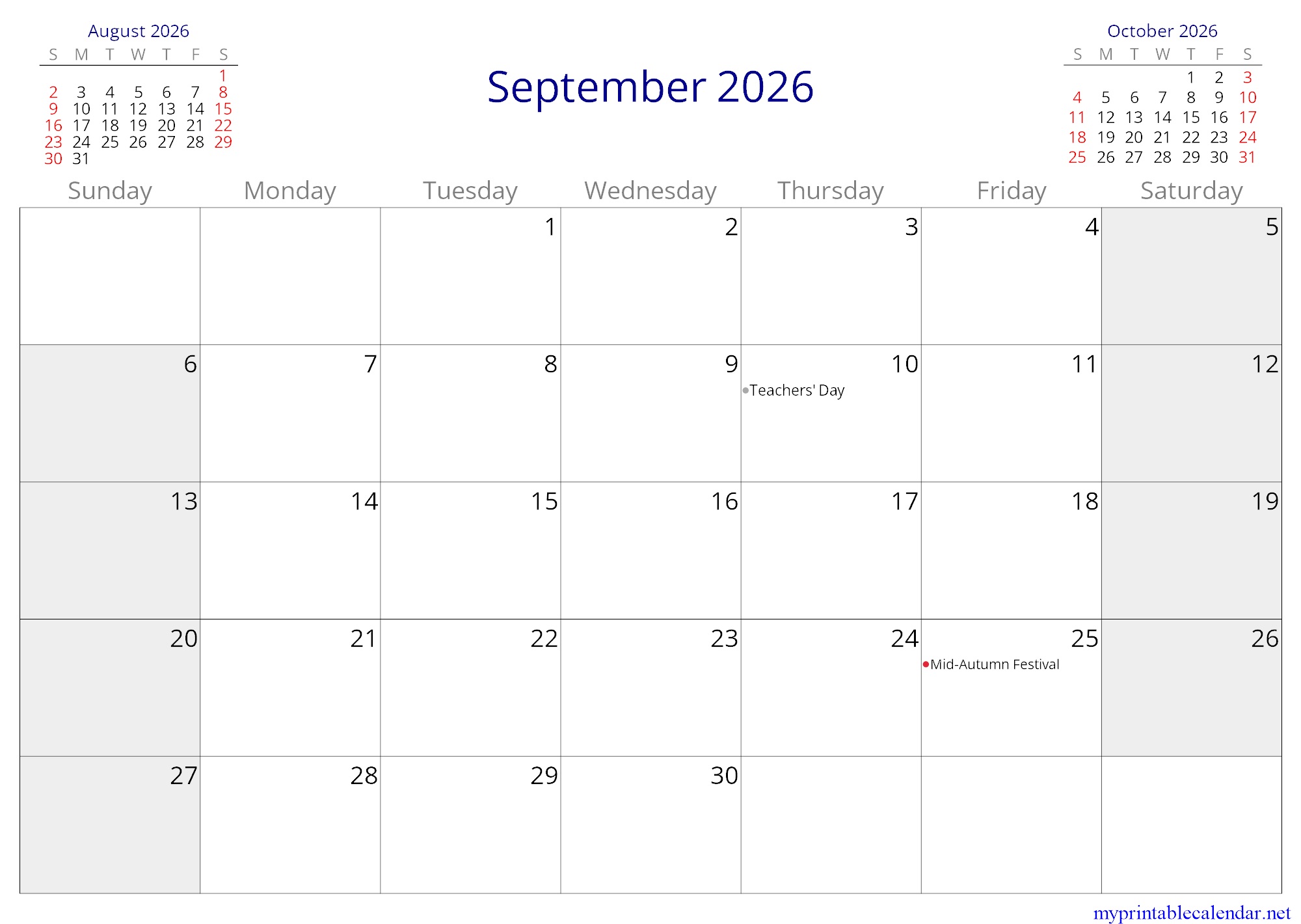 September 2026 monthly calendar, China, English jpg