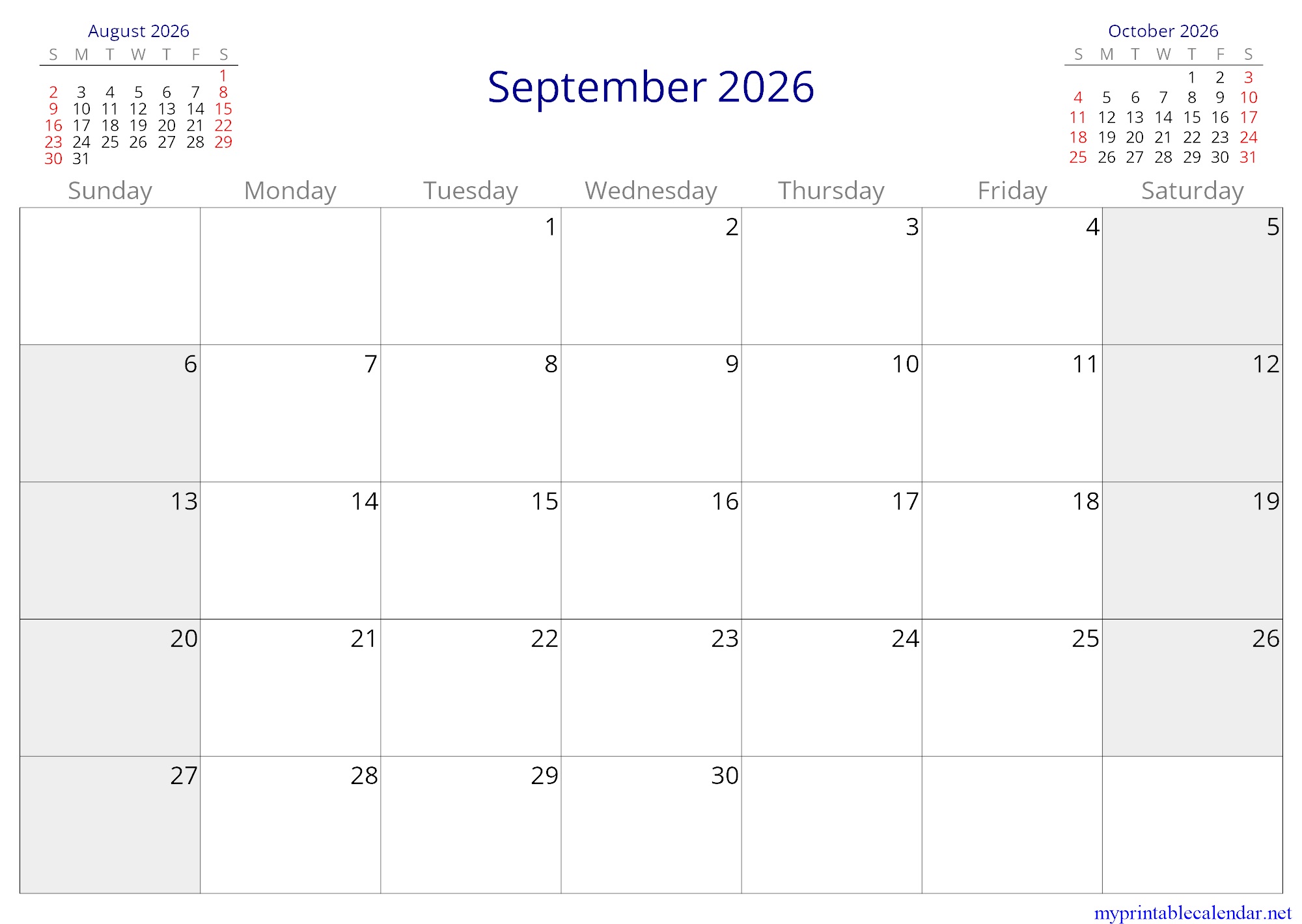 September 2026 monthly calendar, Italy, English jpg