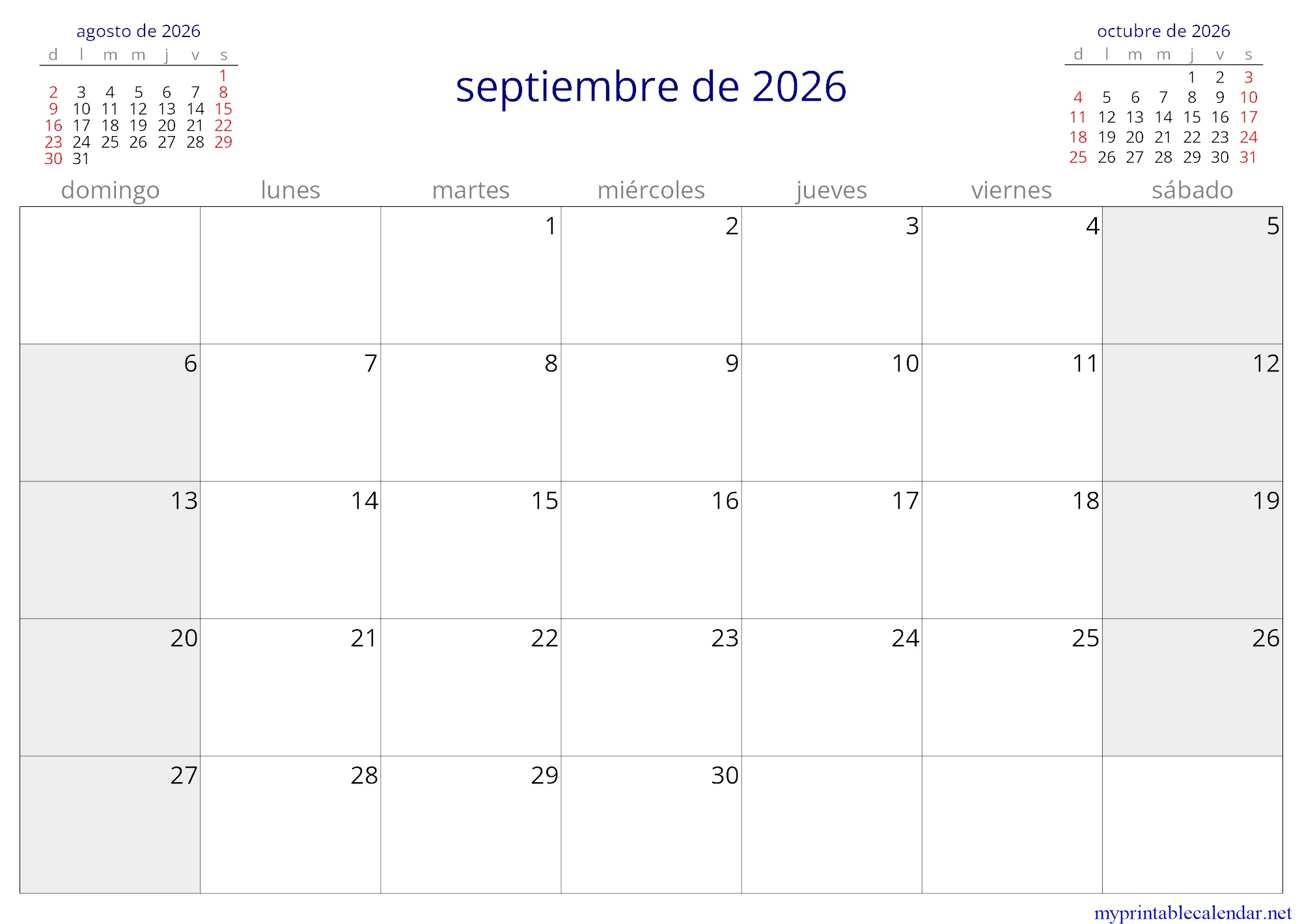 septiembre de 2026 monthly calendar, Montenegro, Spanish jpg