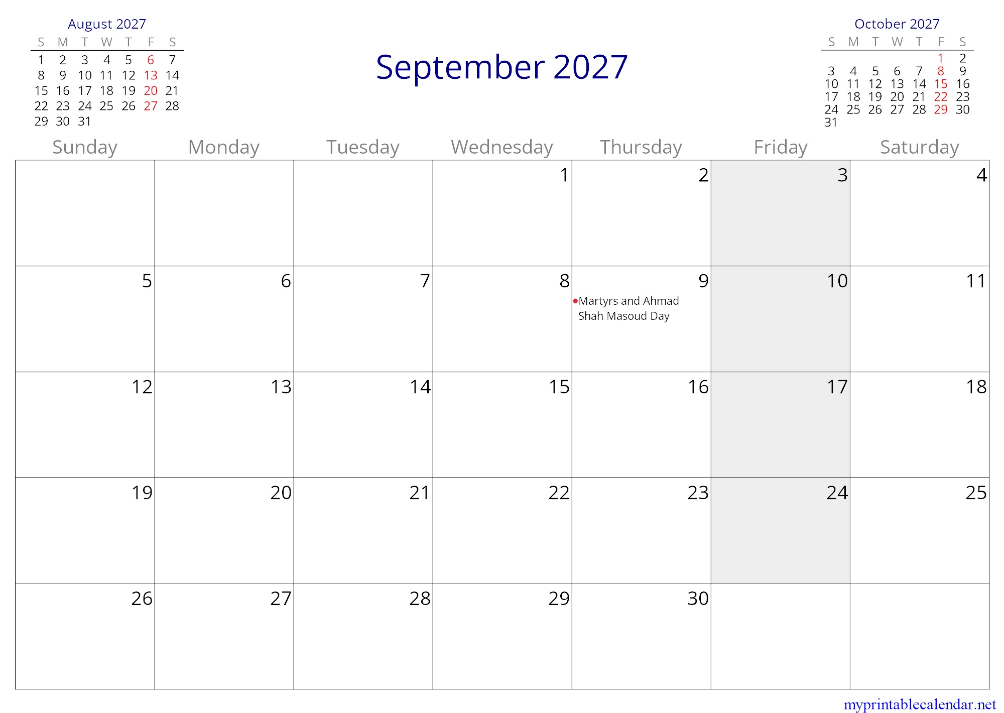 September 2027 monthly calendar, Afghanistan, English jpg