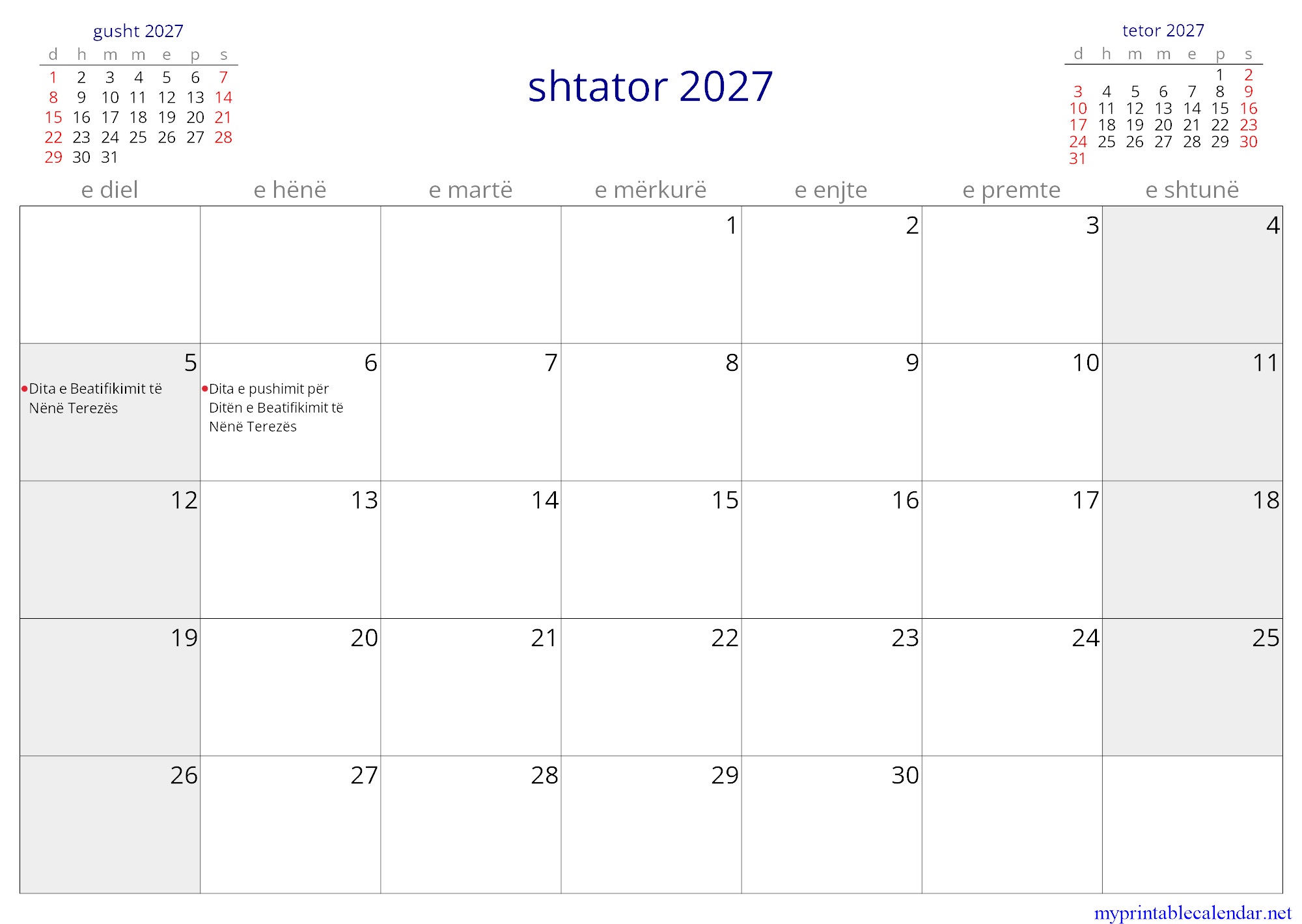 shtator 2027 monthly calendar, Albania, Albanian jpg