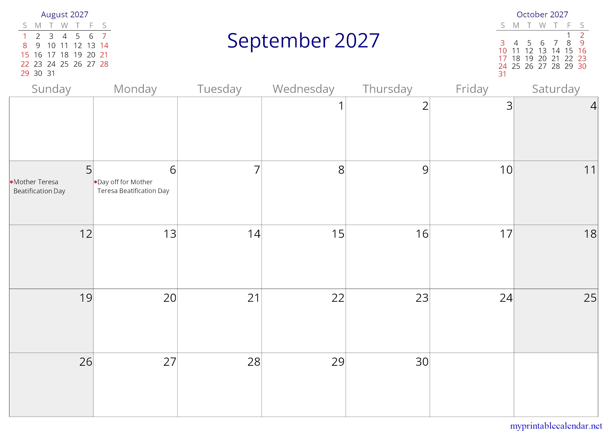 September 2027 monthly calendar, Albania, in English jpg