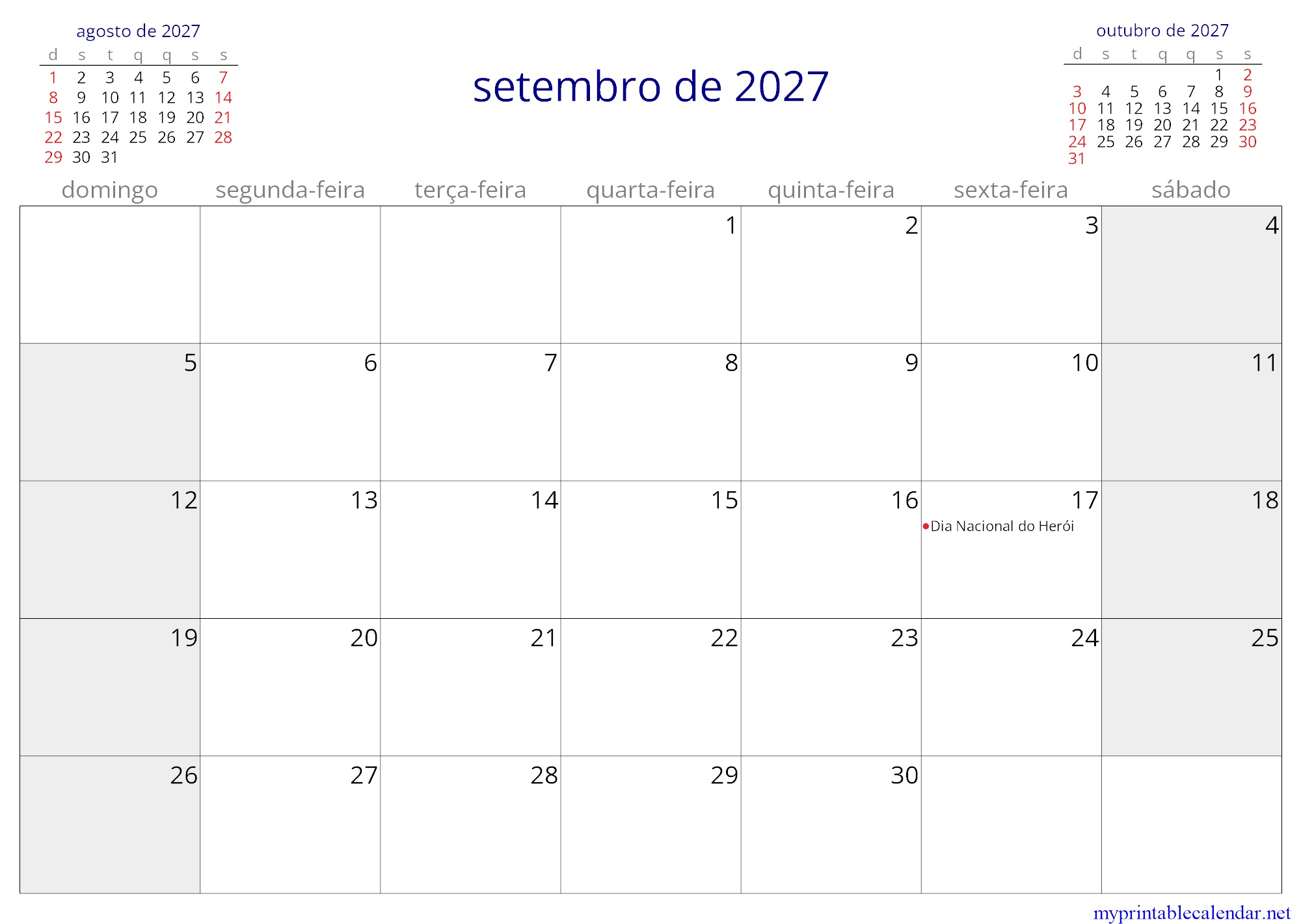 setembro de 2027 monthly calendar, Angola, Portuguese jpg