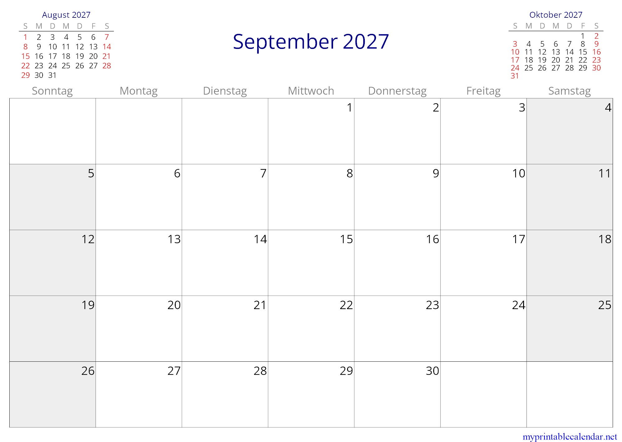 September 2027 monthly calendar, Austria, German jpg