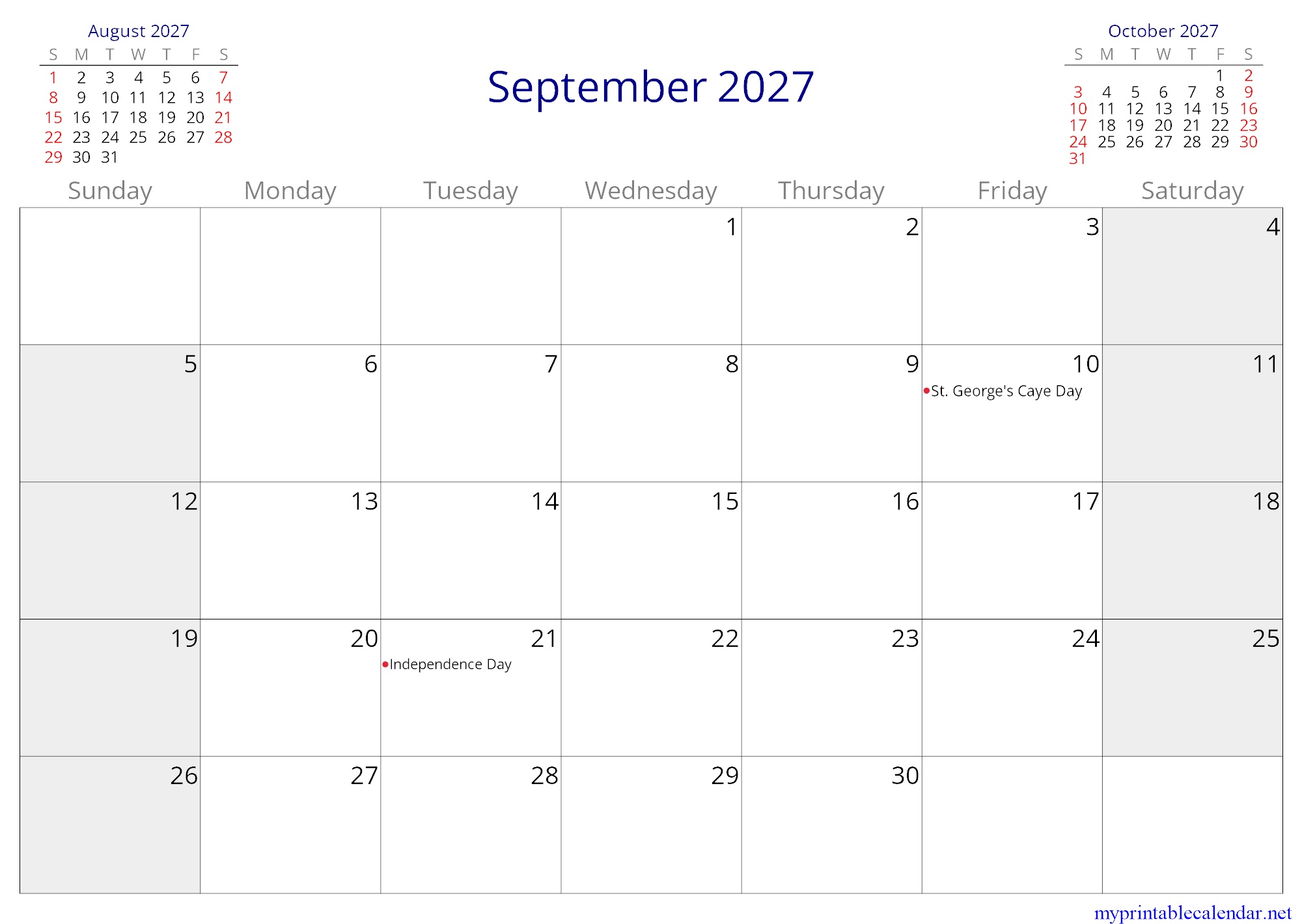 September 2027 monthly calendar, Belize, English jpg