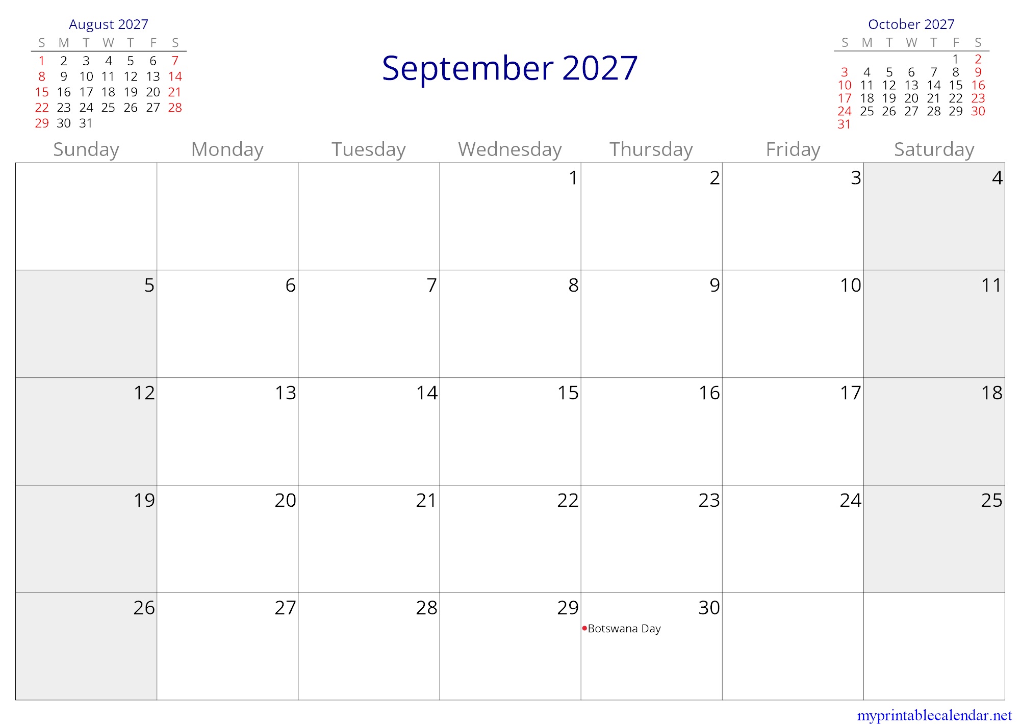 September 2027 monthly calendar, Botswana, English jpg