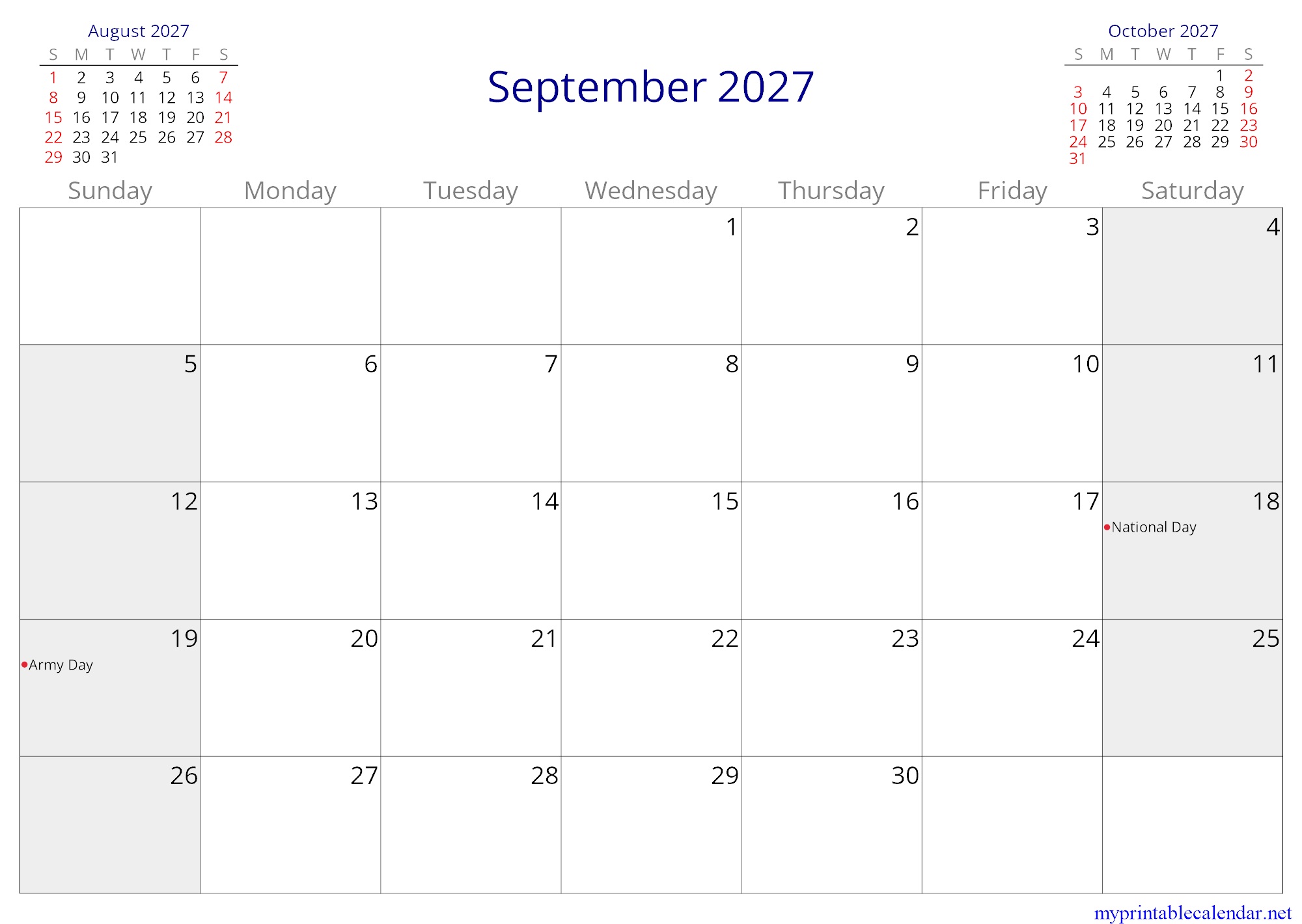 September 2027 monthly calendar, Chile, in English jpg
